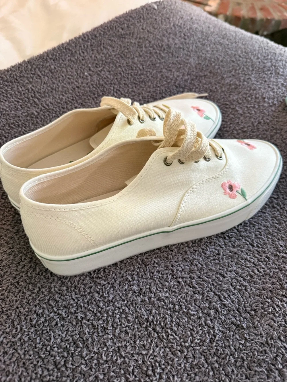 Converse Cream Canvas Boat Shoes with Pink Floral Embroidery